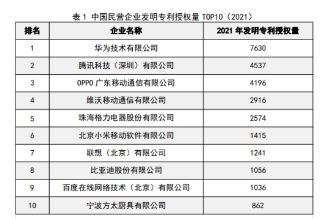 國家知識產(chǎn)權(quán)局公布民企發(fā)明專利授權(quán)量TOP10